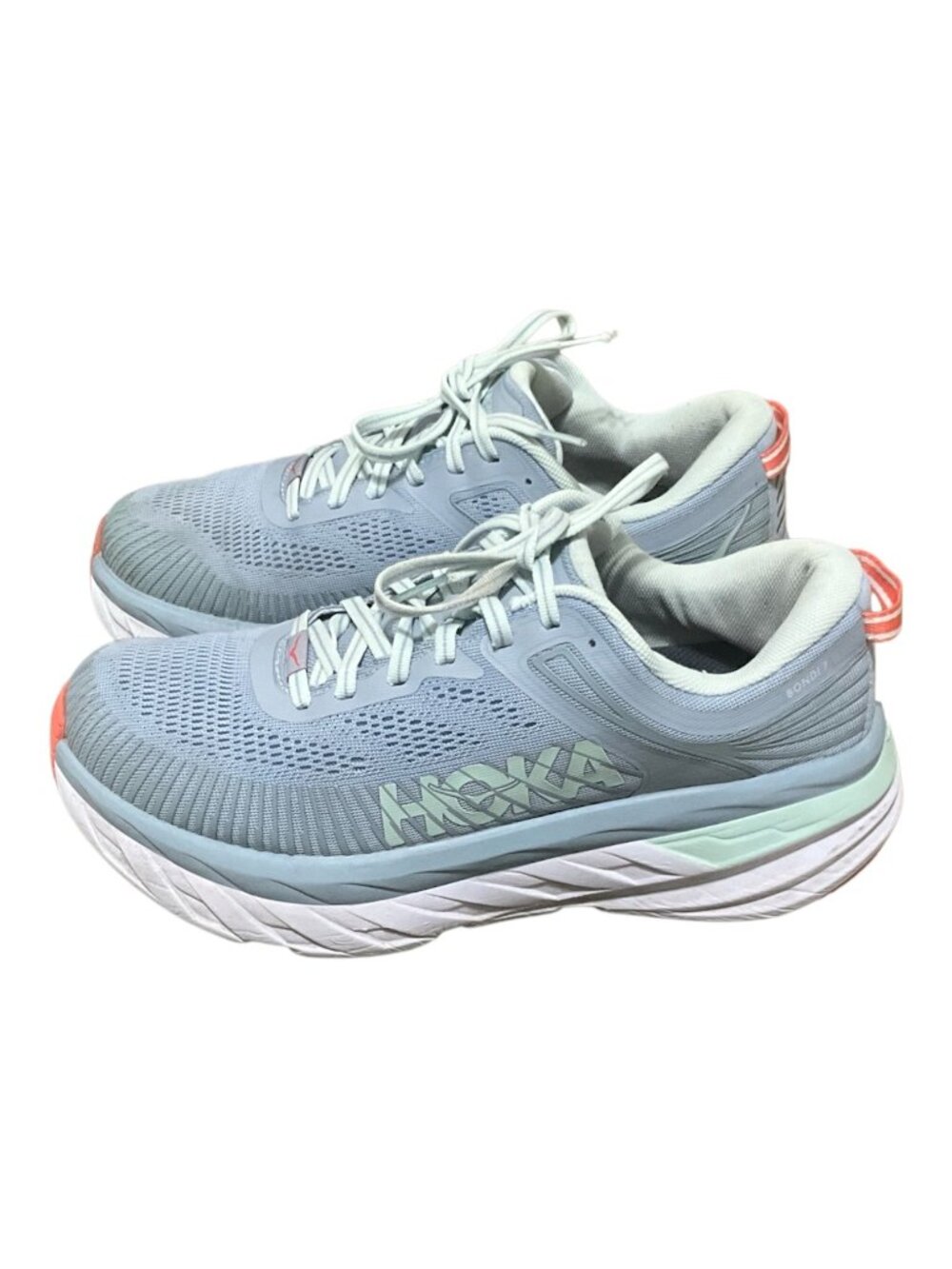 Hoka One One Bondi 7 Womens Running Shoes Blue/Coral Size 8.5D Excellent Conditi